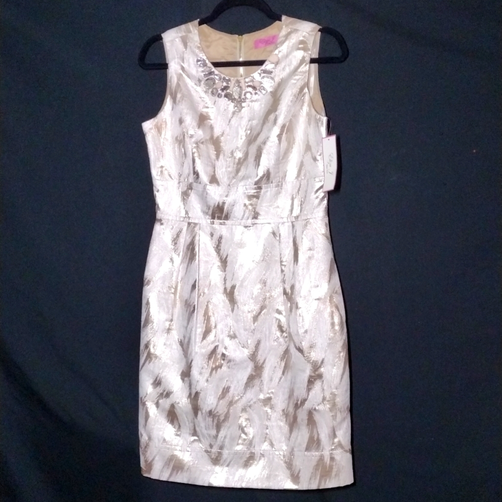 NWT Eliza J New York Ivory & Gold Midi Dress with Jeweled Chest & Pockets Sz 6
